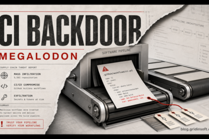 Megalodon GitHub Actions malware shown as a CI backdoor entering a software pipeline.