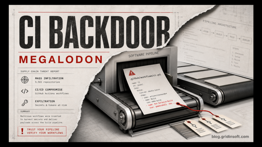 Megalodon GitHub Actions malware shown as a CI backdoor entering a software pipeline.