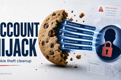 Microsoft account hijack recovery illustration with stolen browser session cookies.