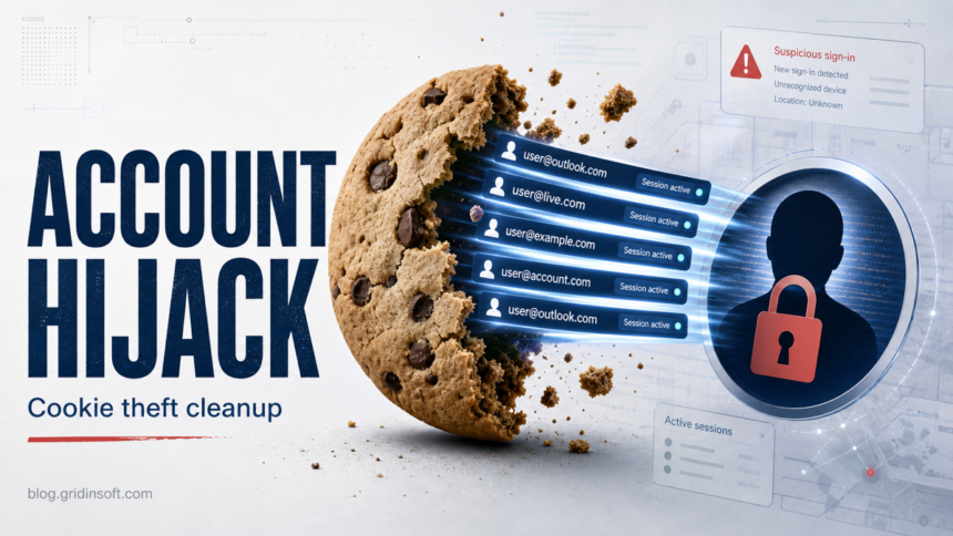 Microsoft account hijack recovery illustration with stolen browser session cookies.