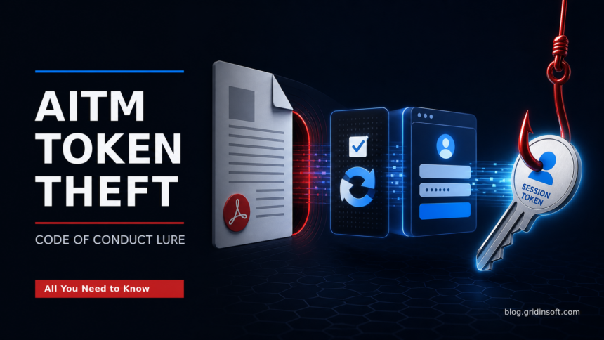 AiTM token theft code of conduct lure editorial illustration