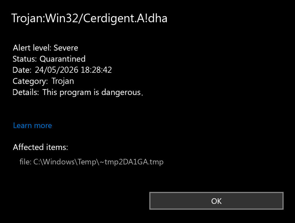 Microsoft Defender alert showing Trojan:Win32/Cerdigent.A!dha quarantined detection and affected item path