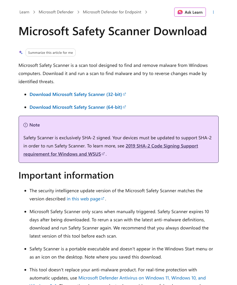 Microsoft Safety Scanner cleanup page with download links and important information