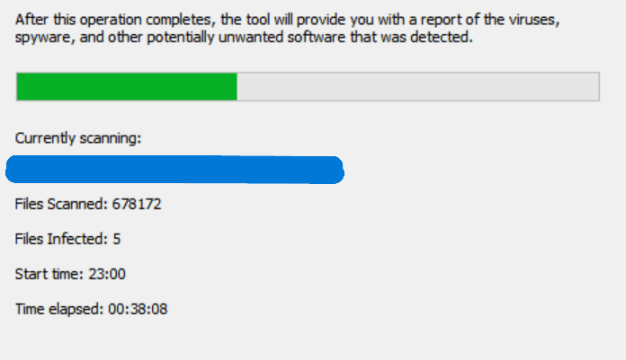 Microsoft Safety Scanner in-progress result showing Files Infected count during a scan.