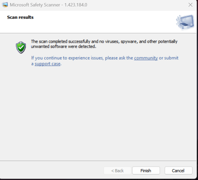 Microsoft Safety Scanner final result showing no viruses spyware or unwanted software detected.