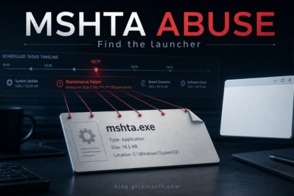 mshta.exe malware removal poster showing a scheduled task launching the Windows HTML Application Host.