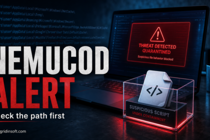 Nemucod Defender alert cleanup poster with a suspicious script in containment.