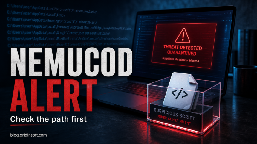 Nemucod Defender alert cleanup poster with a suspicious script in containment.