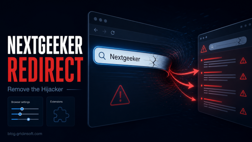 Nextgeeker.com redirect shown as a browser search hijack with cleanup controls.