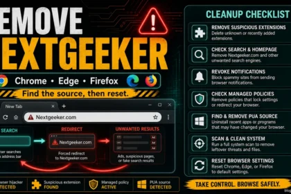 Remove Nextgeeker.com redirect from Chrome, Edge, and Firefox by checking extensions, browser policies, sync, and PUA apps.