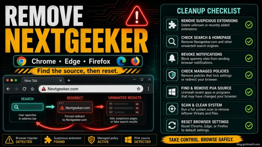 Remove Nextgeeker.com redirect from Chrome, Edge, and Firefox by checking extensions, browser policies, sync, and PUA apps.