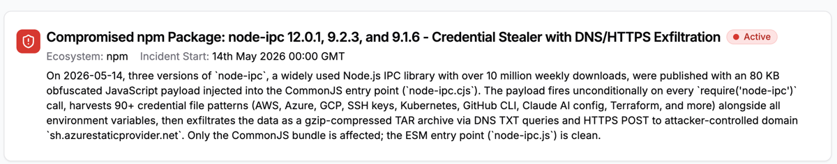 StepSecurity incident summary for compromised node-ipc versions