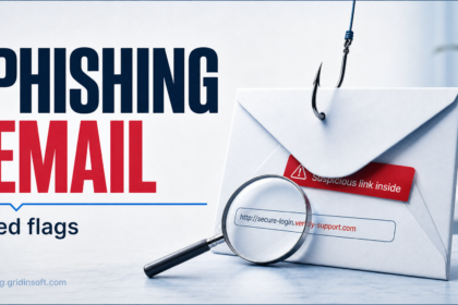 Phishing email red flags with suspicious link and warning hook illustration