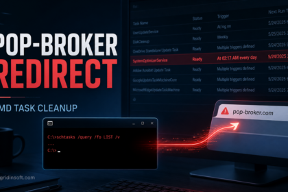 Pop-broker.com redirect cleanup poster showing a command prompt opening a browser redirect