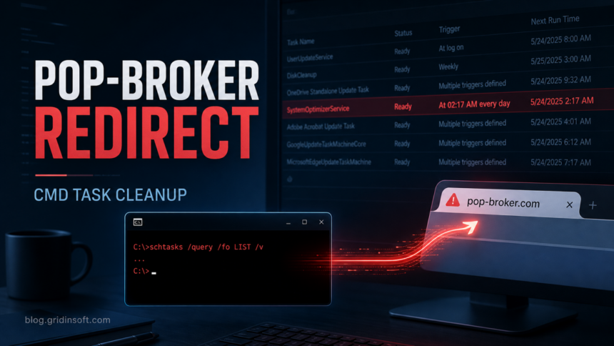 Pop-broker.com redirect cleanup poster showing a command prompt opening a browser redirect