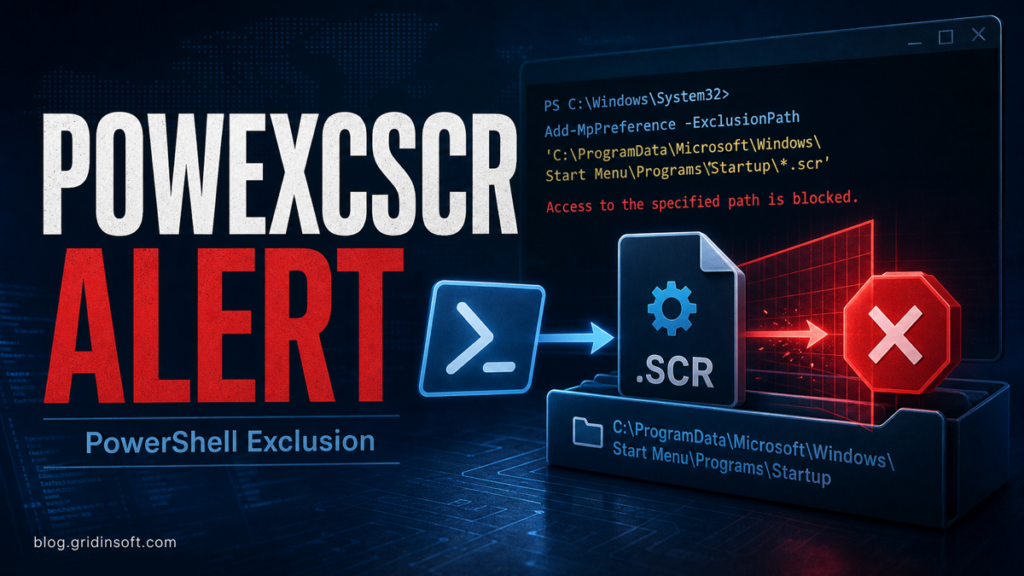 Trojan:Win32/PowExcScr.HB!MTB PowerShell exclusion alert illustration