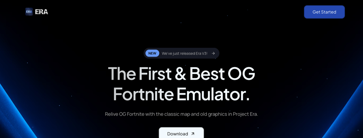 Is Project Era Safe? 2 Project Era website showing OG Fortnite emulator download prompt