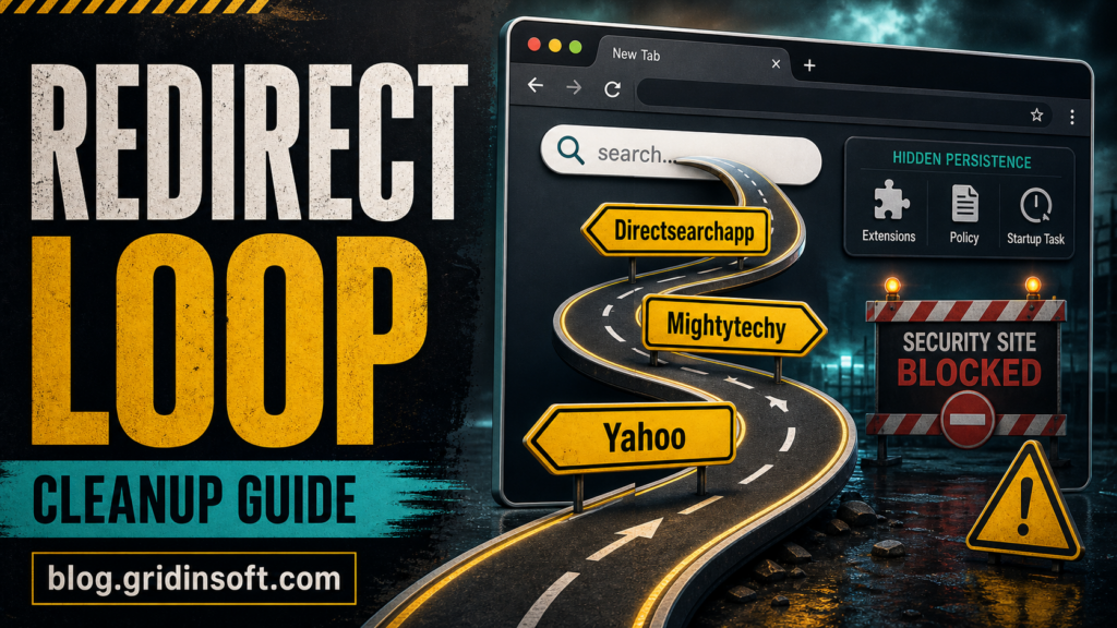 Browser hijacker redirect warning showing unwanted search redirects and a blocked security site.