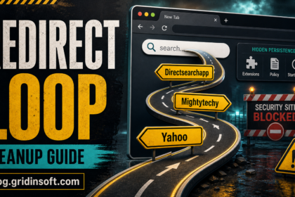 Browser redirect loop cleanup poster showing unwanted search redirects and a blocked security site.