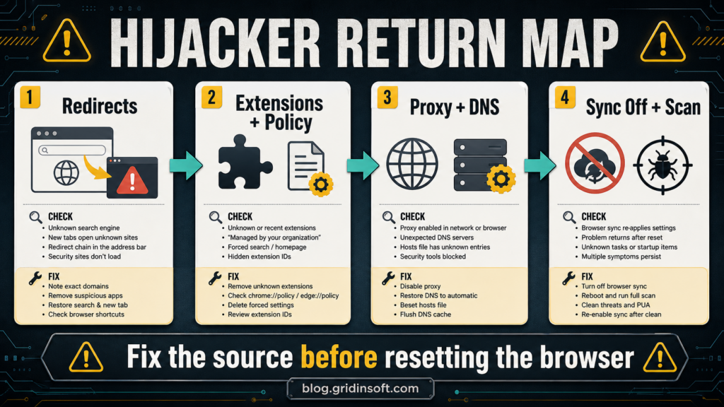 Browser Hijacker Removal Guide: Remove PUA Redirects 2 Flowchart showing browser hijacker cleanup checks for redirects, extensions, policy, proxy, DNS, sync, and scanning.