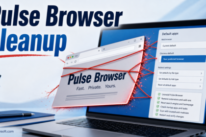 Pulse Browser cleanup poster showing a suspicious browser window and Windows default app checklist