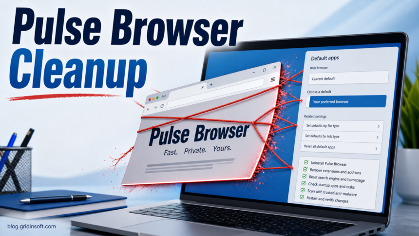 Pulse Browser cleanup poster showing a suspicious browser window and Windows default app checklist