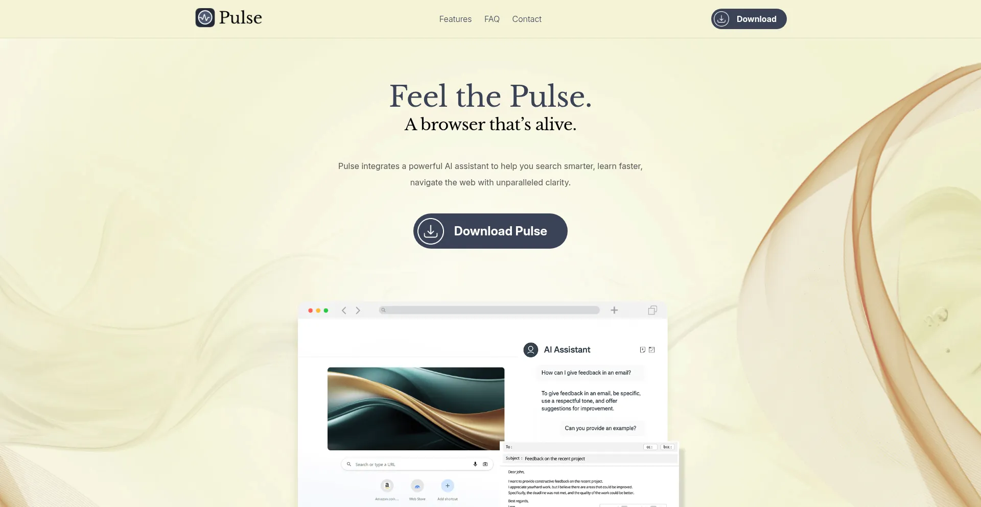 Pulsebrowser.com landing page with Pulse Browser download button