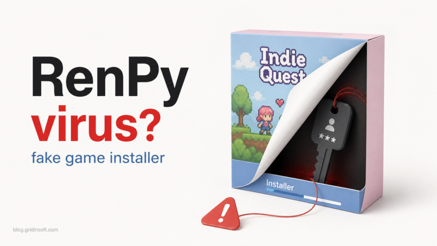 Fake RenPy game installer hiding an infostealer key and account theft warning.
