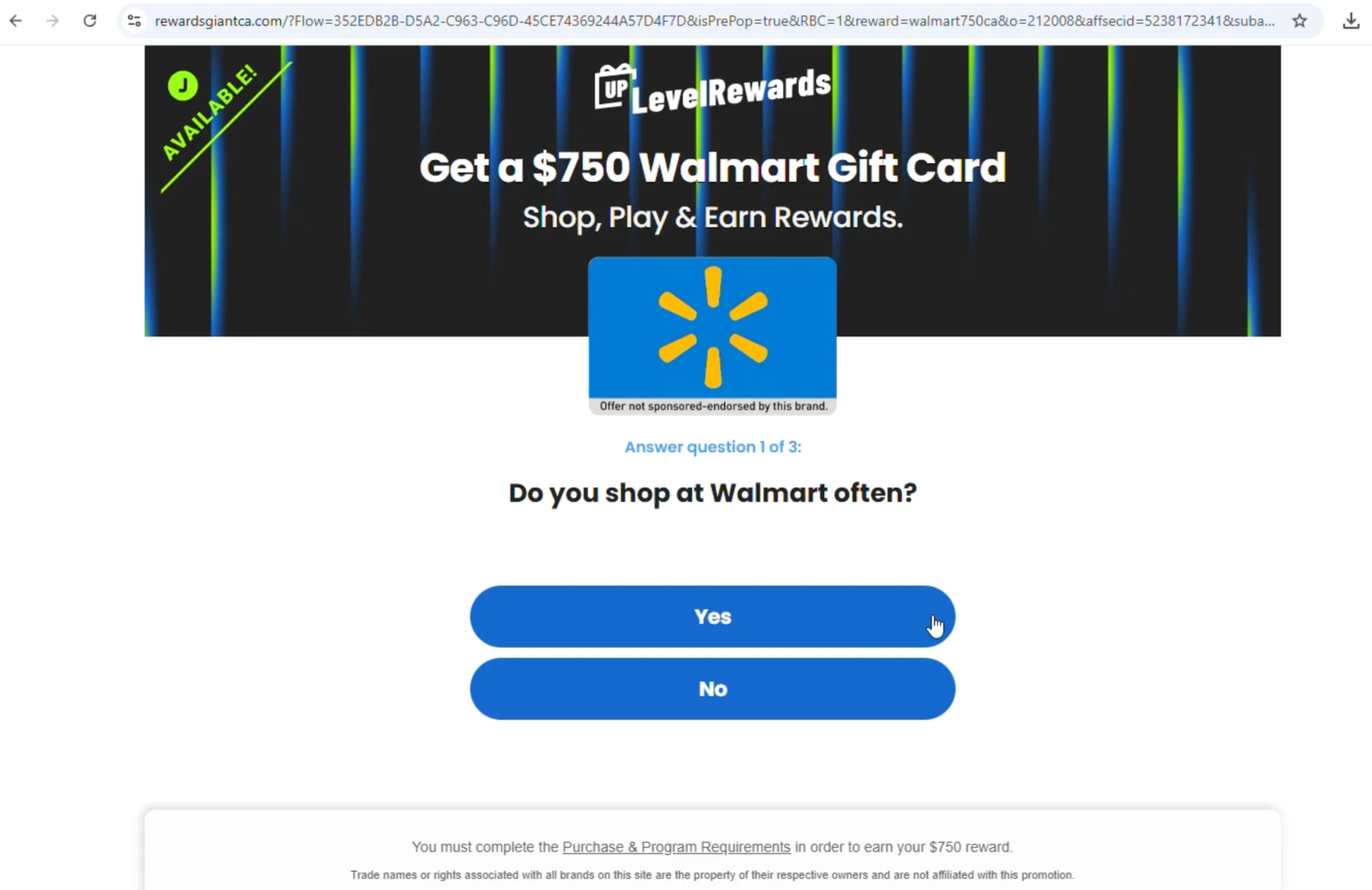 Rewardsgiantca.com page asking whether the user shops at Walmart often