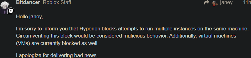 Roblox staff Hyperion warning about multiple instances and malicious behavior