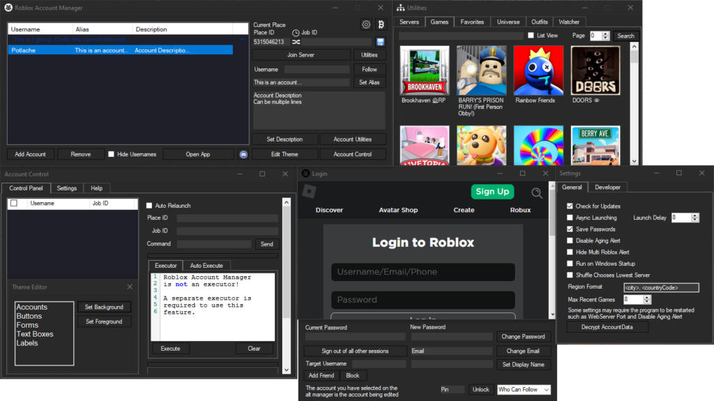 Official Roblox Account Manager GitHub preview showing account manager windows and settings