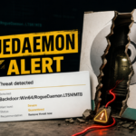 RogueDaemon alert with a cracked installer package and backdoor warning.