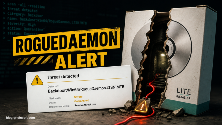Backdoor:Win64/RogueDaemon.LTSN!MTB: DAEMON Tools Alert and Cleanup 1 RogueDaemon alert with a cracked installer package and backdoor warning.