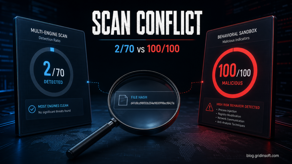 VirusTotal and Hybrid Analysis scan comparison showing low antivirus detections beside a high sandbox threat score.