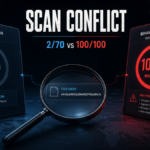 Scan conflict illustration showing VirusTotal 2/70 and Hybrid Analysis 100/100 style results.