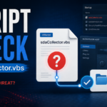 sdaCollector.vbs script safety check poster showing a suspicious startup entry and file location.