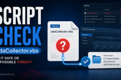 sdaCollector.vbs script safety check poster showing a suspicious startup entry and file location.