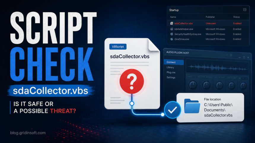 sdaCollector.vbs: Is It Safe? 1 sdaCollector.vbs script safety check poster showing a suspicious startup entry and file location.