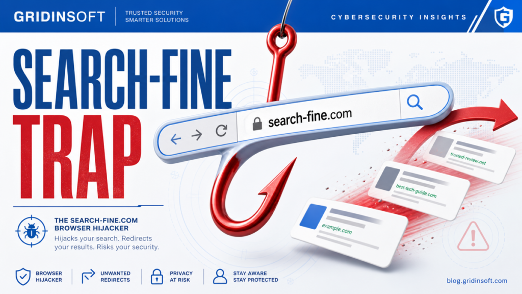 Search-fine.com browser hijacker shown as a redirect hook in a browser search bar.