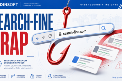 Search-fine.com browser hijacker shown as a redirect hook in a browser search bar.