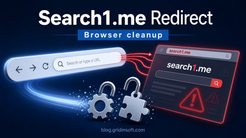 Search1.me redirect shown as browser searches being pulled toward a suspicious fake search page.