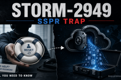 Storm-2949 SSPR trap Microsoft 365 Azure data theft editorial illustration