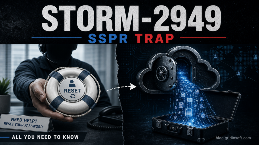 Storm-2949 SSPR trap Microsoft 365 Azure data theft editorial illustration