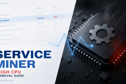 Service Miner high CPU removal guide with suspicious Windows service and overheating CPU chip