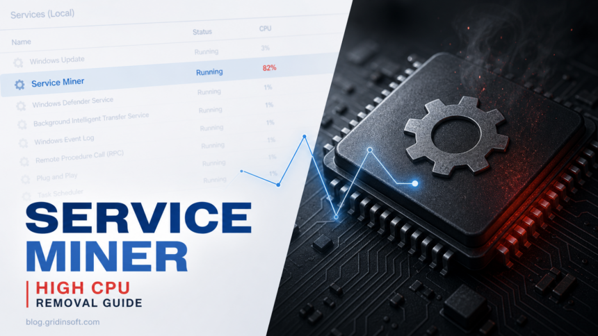 Service Miner high CPU removal guide with suspicious Windows service and overheating CPU chip