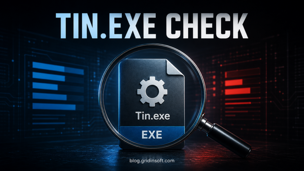 Tin.exe safety check illustration showing an EXE file inspected with a magnifying glass.
