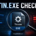 Tin.exe safety check illustration showing an EXE file inspected with a magnifying glass.