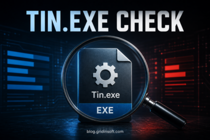 Tin.exe safety check illustration showing an EXE file inspected with a magnifying glass.