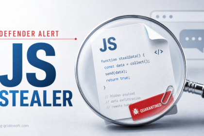 JS stealer Defender alert with quarantined JavaScript file under a magnifying glass