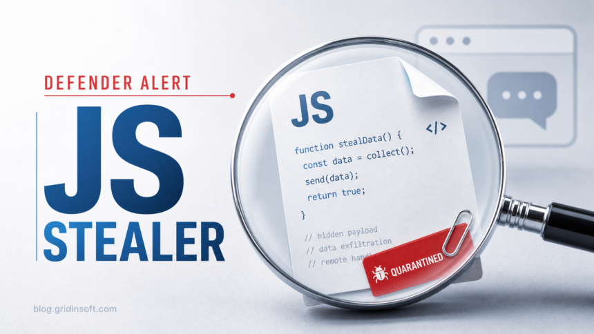 JS stealer Defender alert with quarantined JavaScript file under a magnifying glass